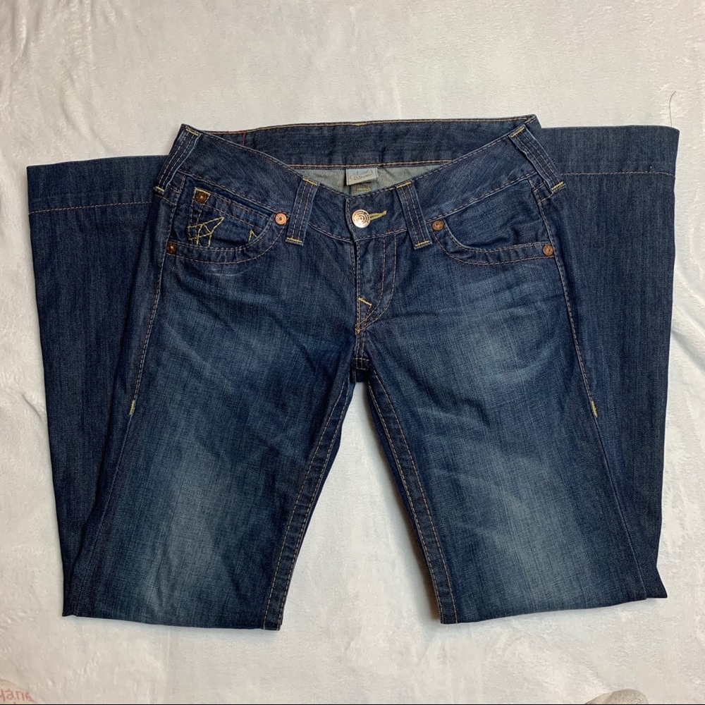 True Religion low rise flare jeans.